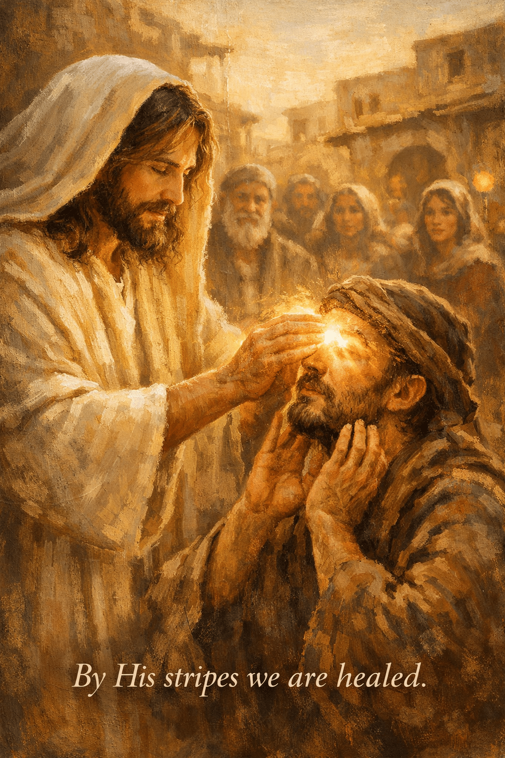 Portrait/Pinterest format () editorial illustration showing Jesus healing a blind man, depicted in warm oil painting style