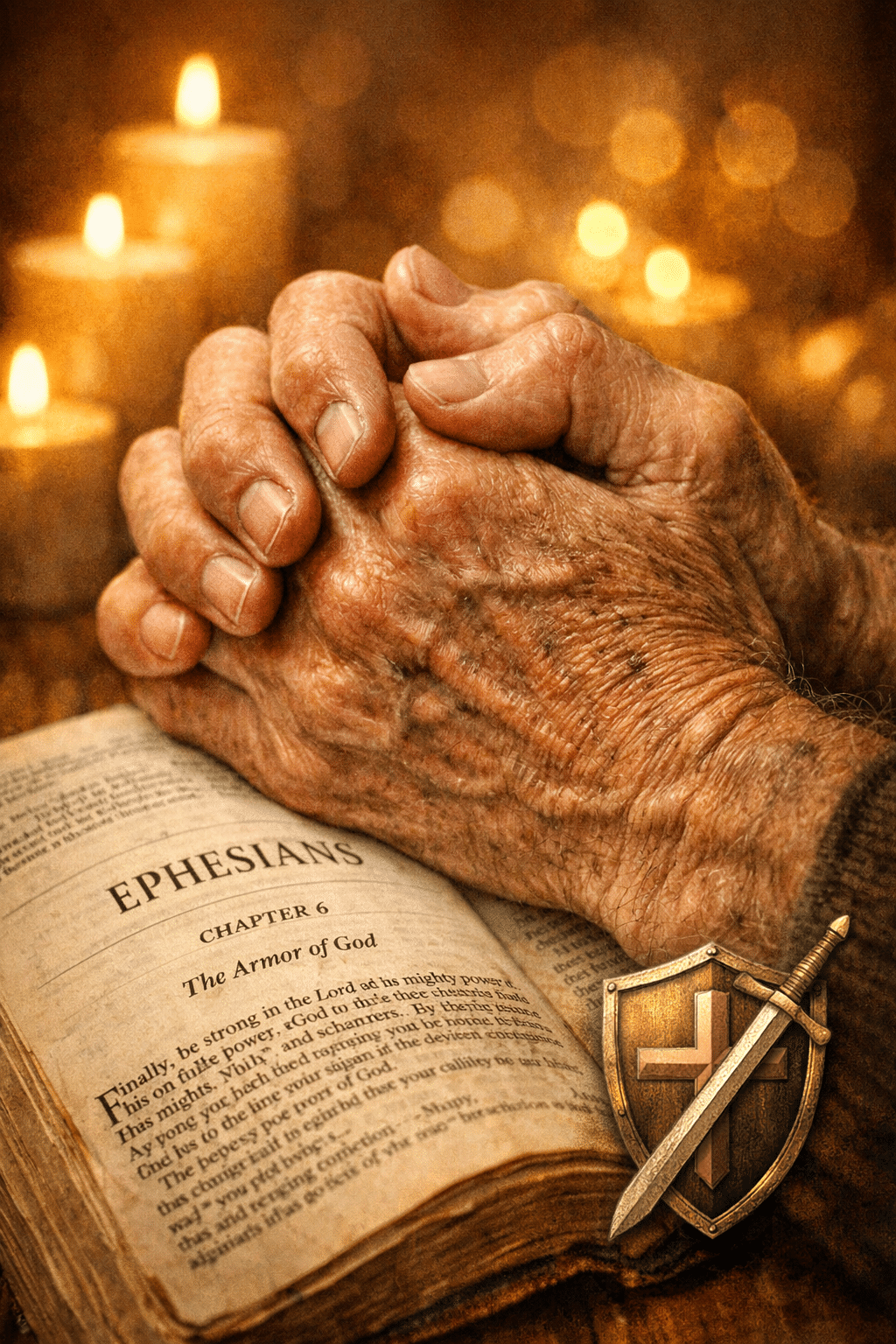 Portrait Pinterest format () editorial image showing a close-up of weathered hands clasped together in fervent prayer over