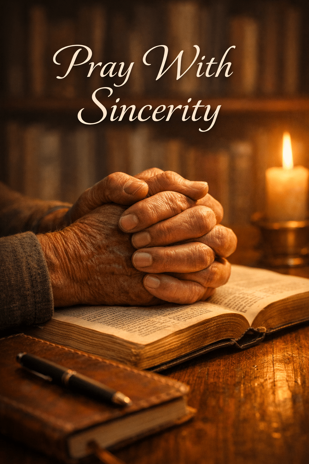 Portrait Pinterest format () editorial image showing a close-up of weathered hands clasped together in sincere prayer over