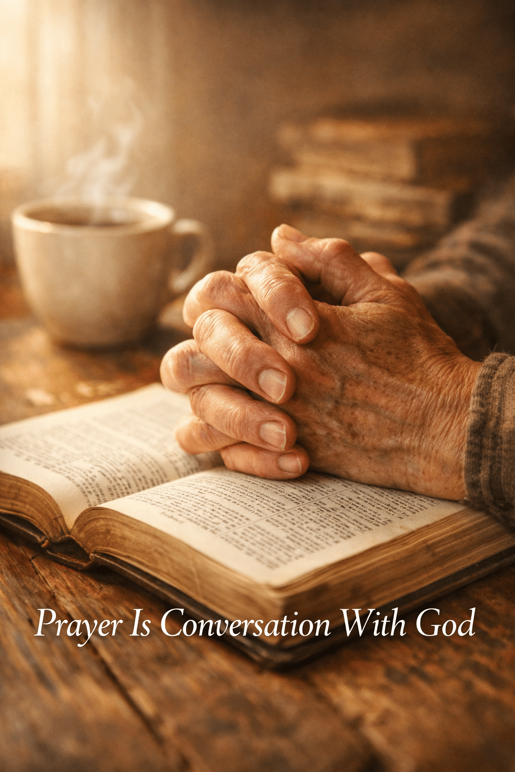 Portrait/Pinterest format () editorial image showing a close-up of weathered hands clasped together in humble prayer