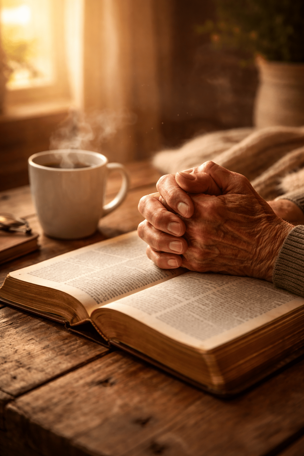 Portrait Pinterest format () editorial image showing a close-up of weathered hands clasped together in prayer over an open