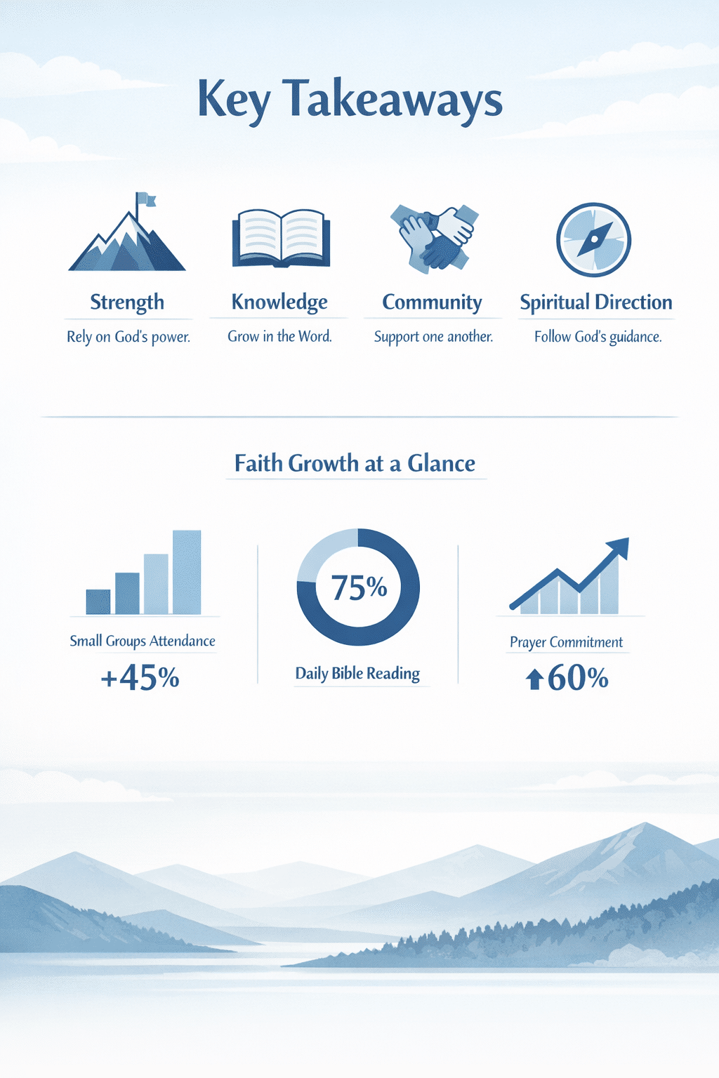 Key Takeaways section infographic with geometric icons representing faith characteristics: a mountain peak symbolizing