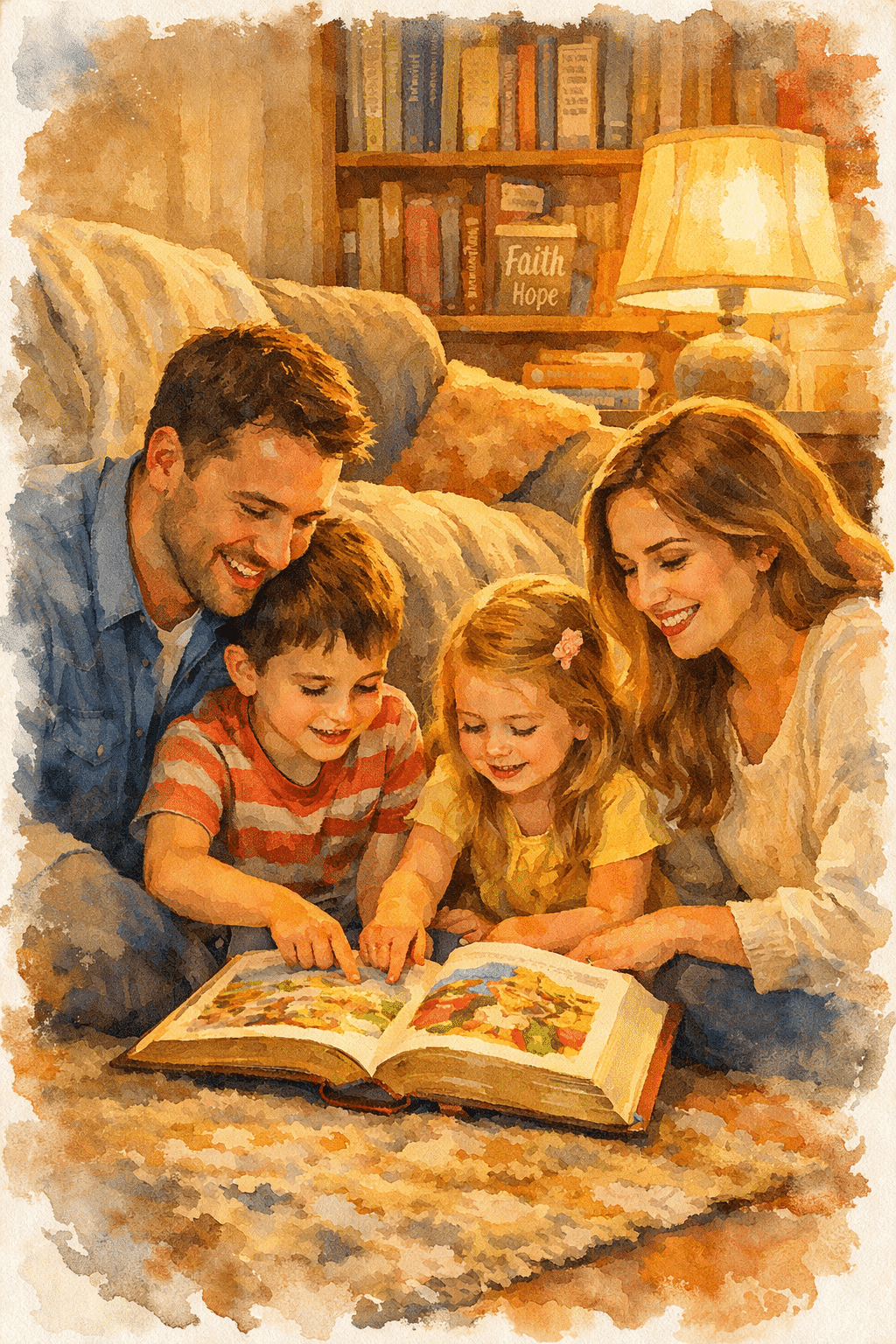 Portrait/Pinterest format () editorial image showing a family of four sitting together on a cozy living room floor with an