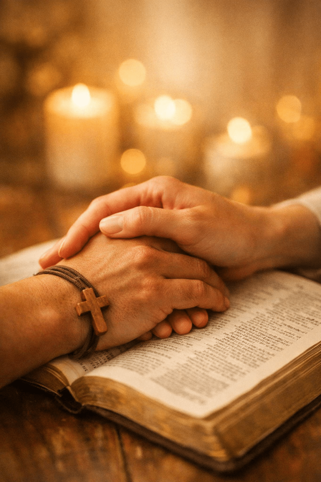 Portrait/Pinterest format () editorial image showing a close-up of two hands gently holding each other over an open Bible,