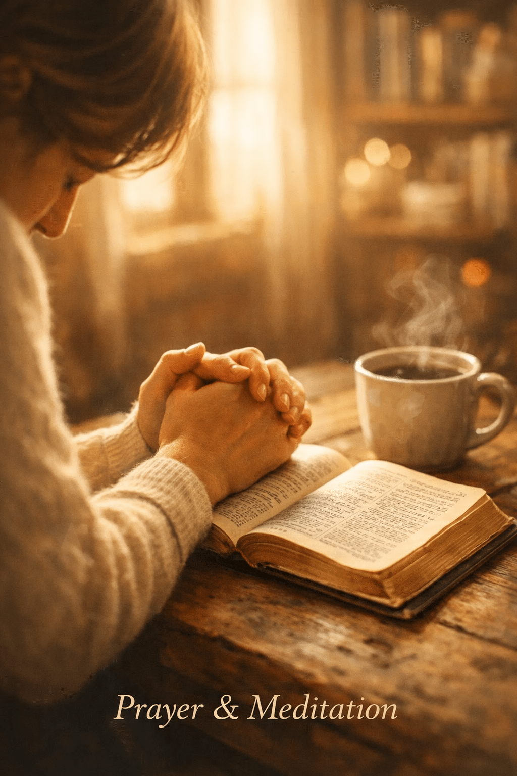 Portrait/Pinterest format () editorial image showing a person kneeling in prayer beside an open Bible on a rustic wooden