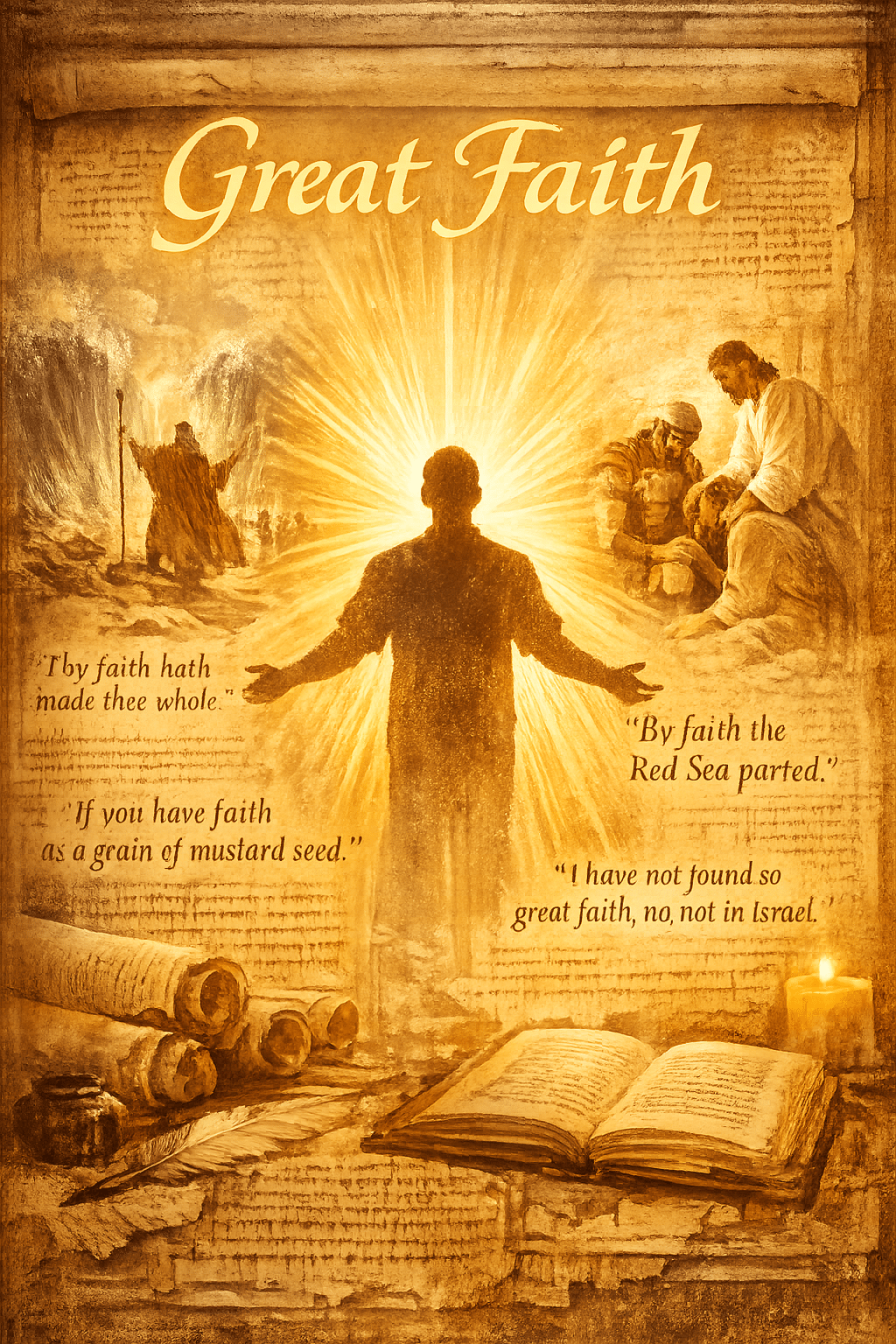 Biblical interpretation of 'Great Faith' visual: Ancient scrolls and manuscript background with translucent biblical ,
