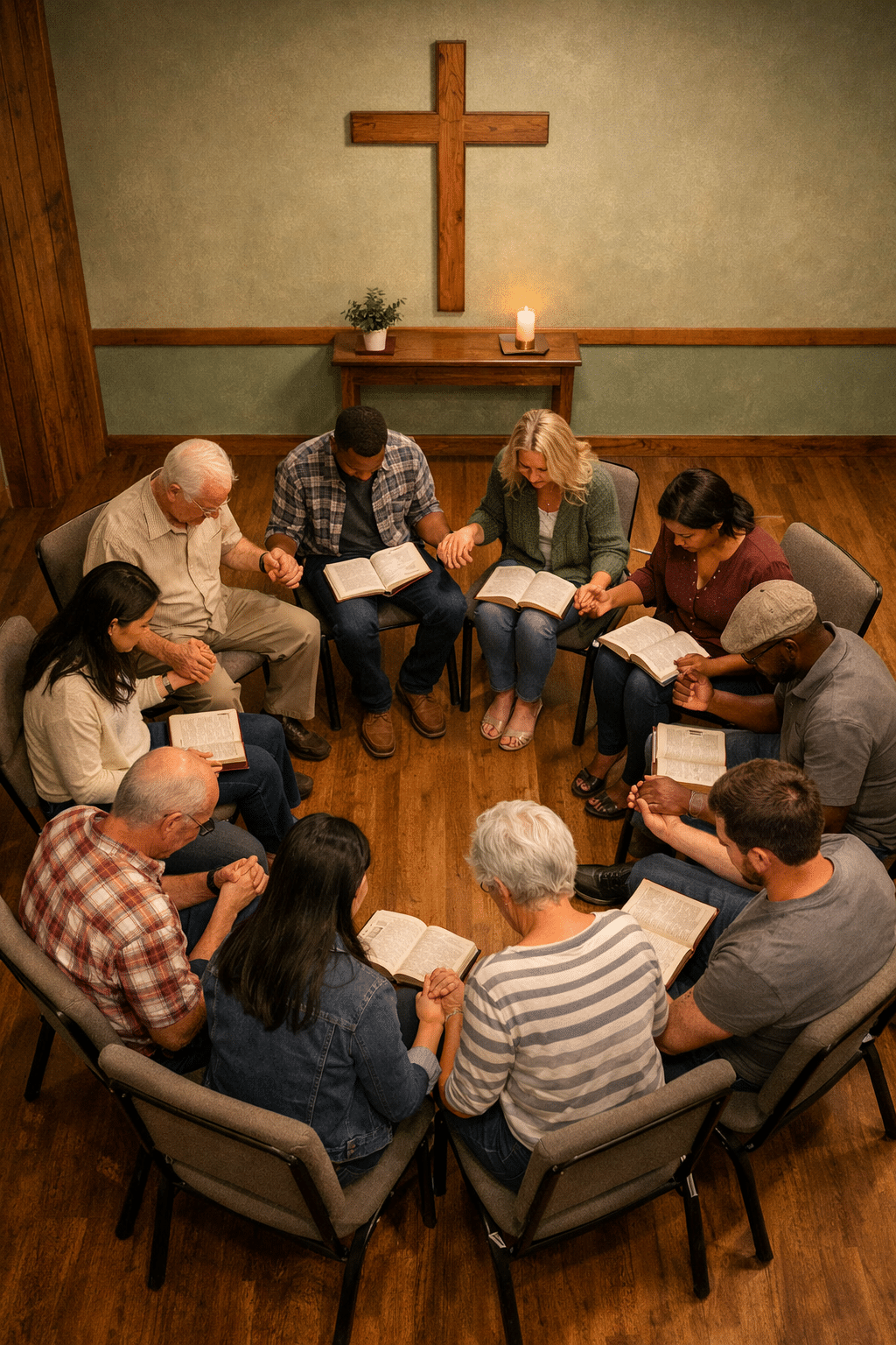 Portrait/Pinterest format () editorial image showing an overhead bird's-eye view of a small church congregation gathered in