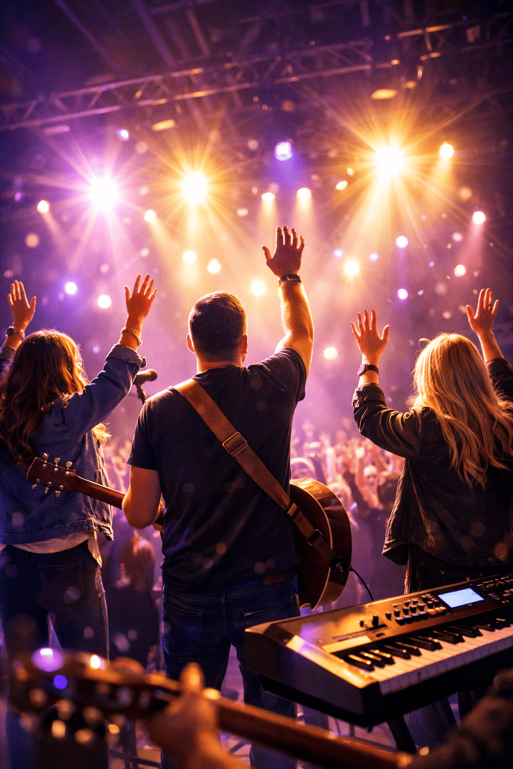Portrait/Pinterest format () vibrant editorial image depicting a worship team from behind on a church stage, hands raised