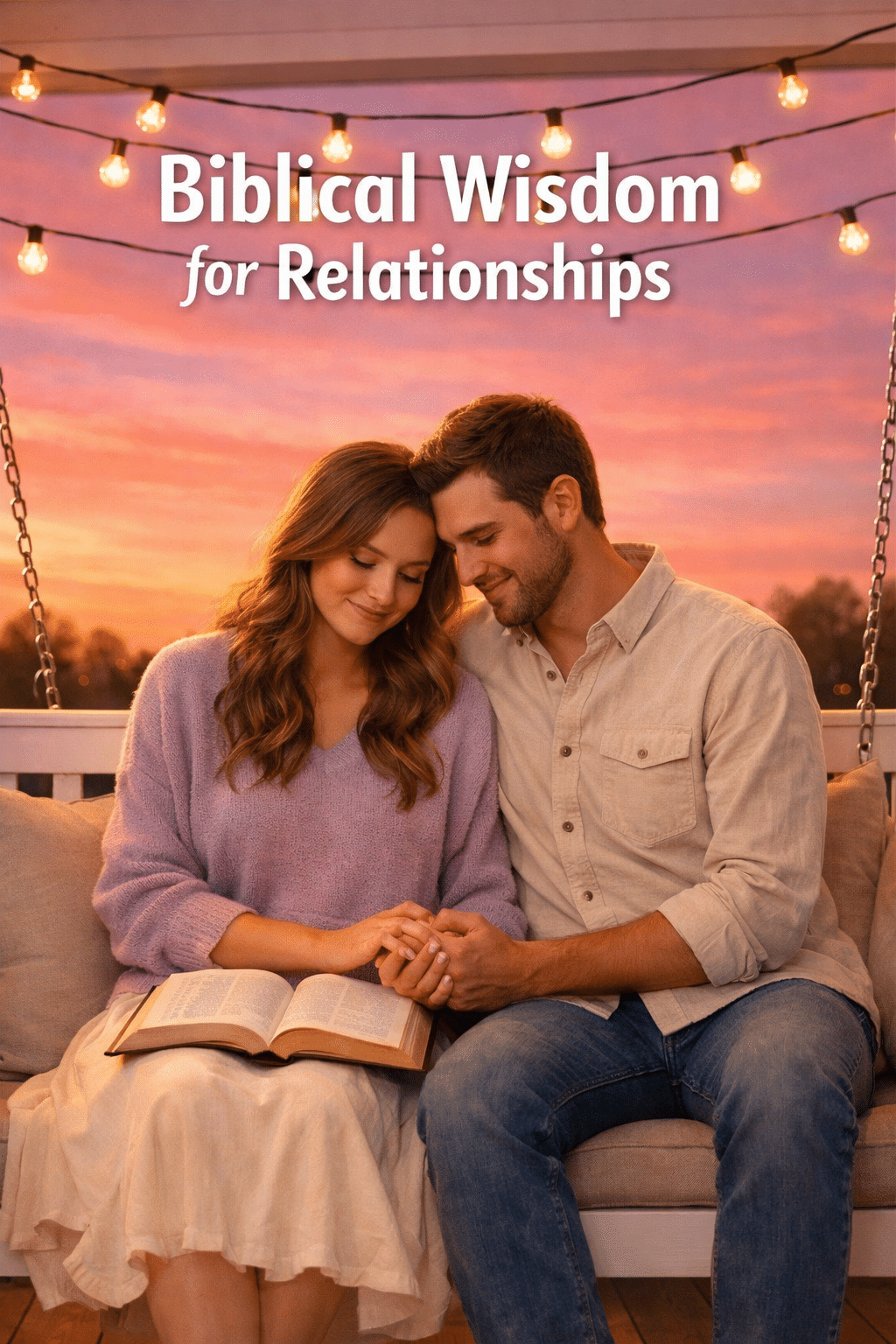 Portrait Pinterest format () editorial image of a couple sitting together on a porch swing at sunset, holding hands with a