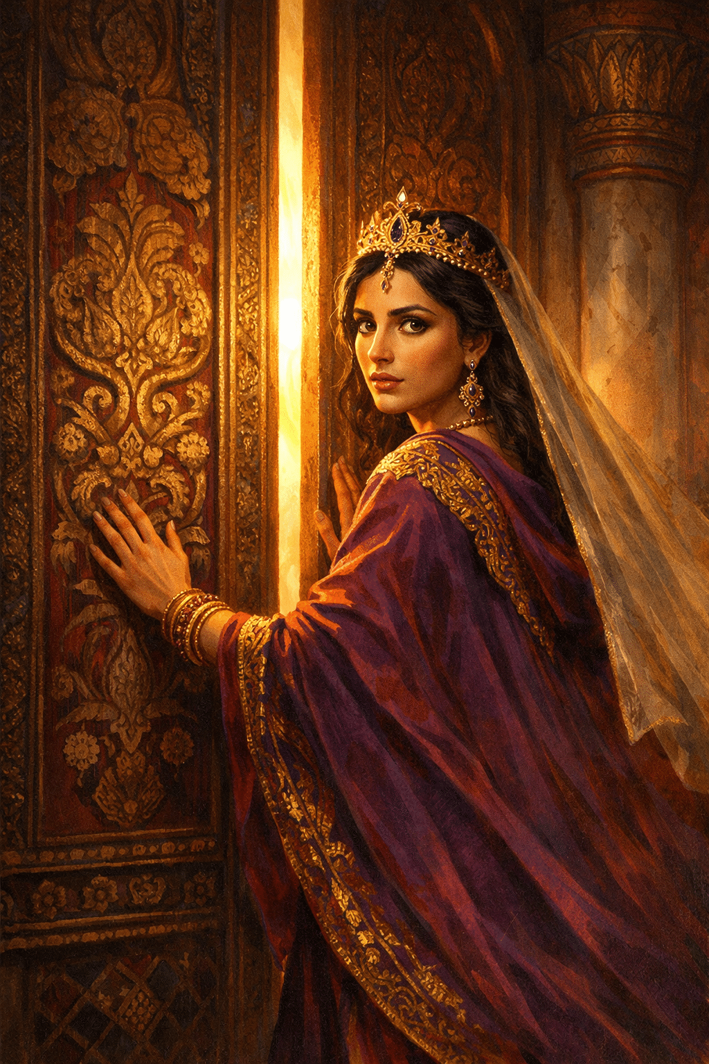 Portrait/Pinterest format () intimate editorial illustration of Esther as a young Middle Eastern queen in royal purple and