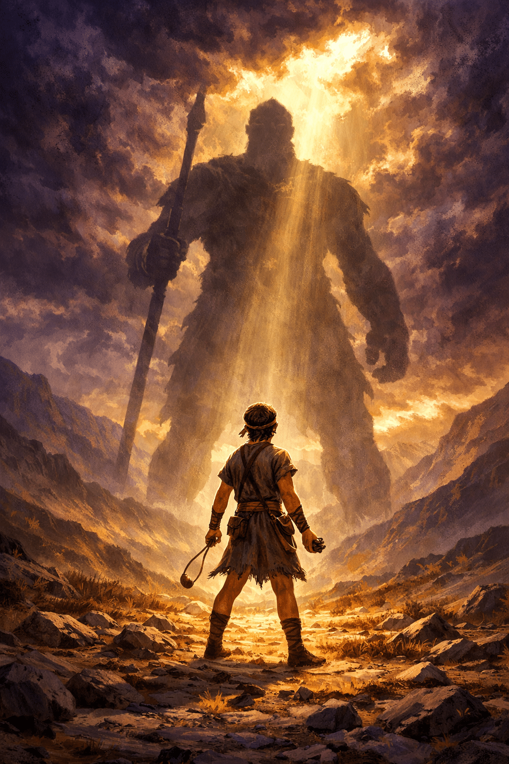 Portrait/Pinterest format () powerful scene of young David standing in a valley facing the massive of Goliath, holding only