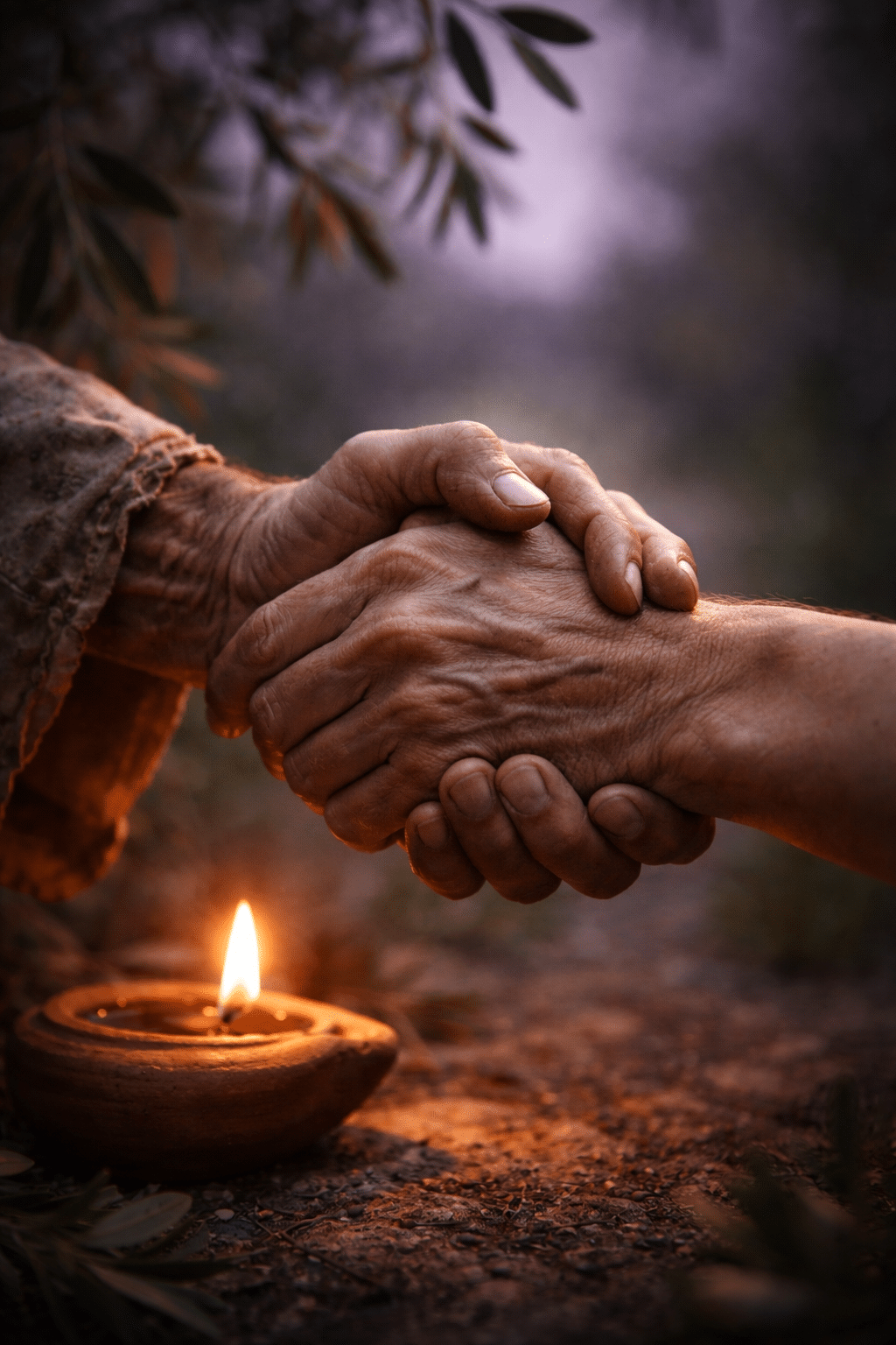 Portrait/Pinterest format () dramatic close-up editorial image of two weathered hands clasped together in a gesture of