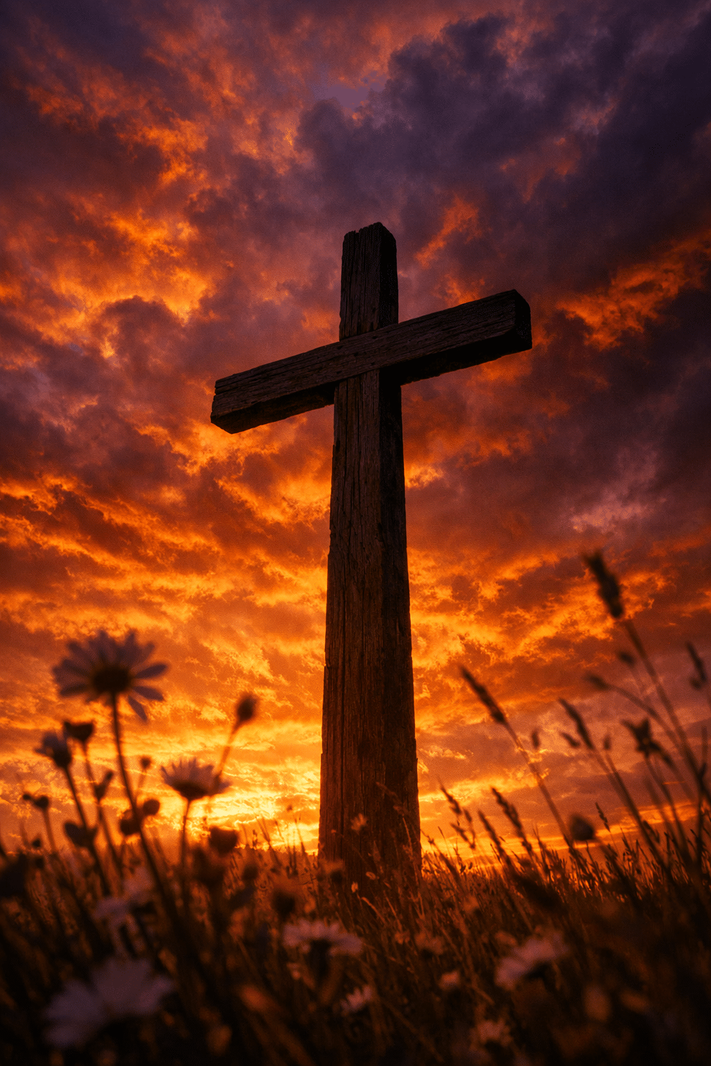 Portrait/Pinterest format () dramatic editorial photograph of a single wooden cross silhouetted against a vivid sunset sky