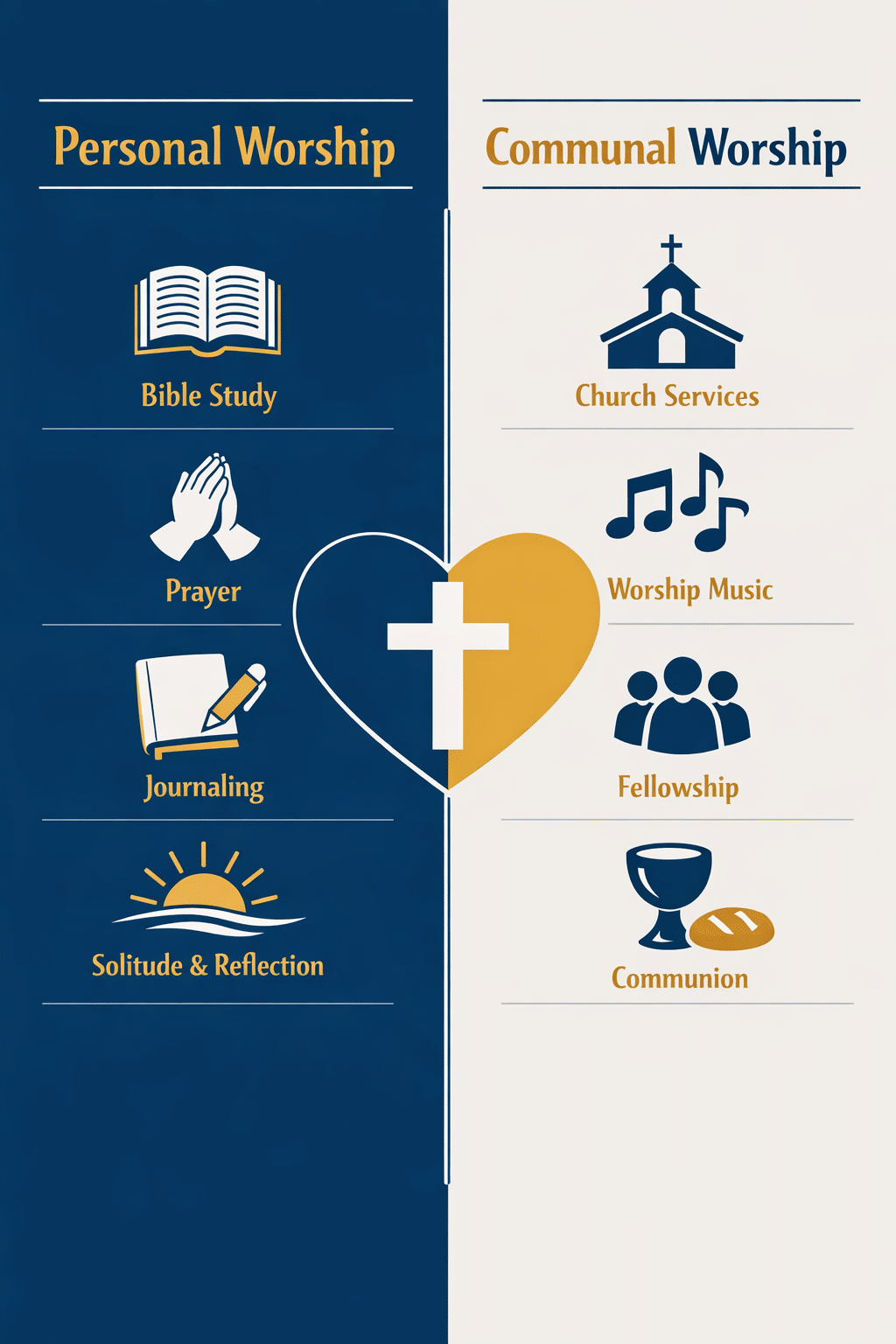 Portrait/Pinterest format () infographic-style illustration comparing personal and communal worship side by side. Left