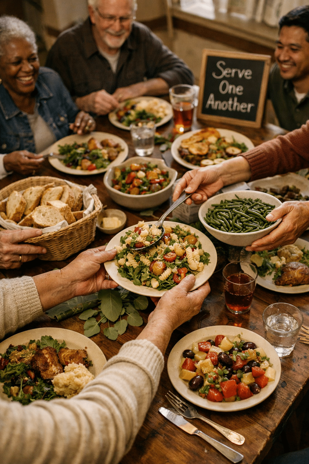 Portrait/Pinterest format () warm editorial image showing hands serving food at a community table, a church fellowship hall