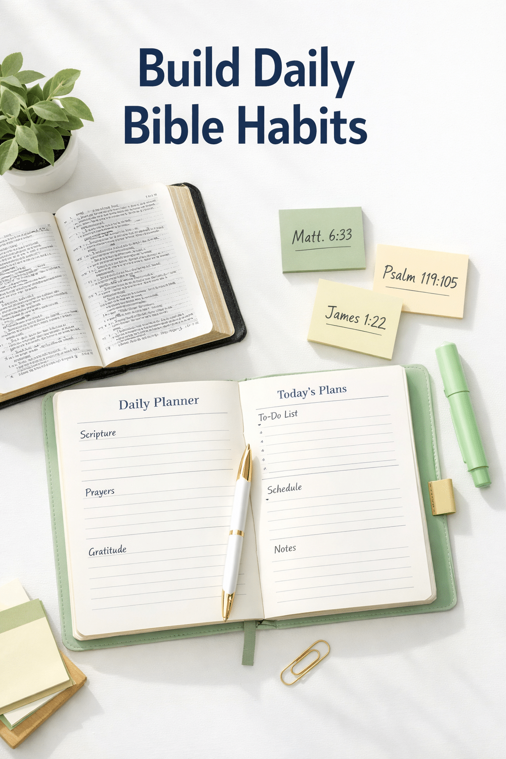 Portrait Pinterest format () editorial overhead flat-lay photograph of a daily planner open on a clean white desk beside an