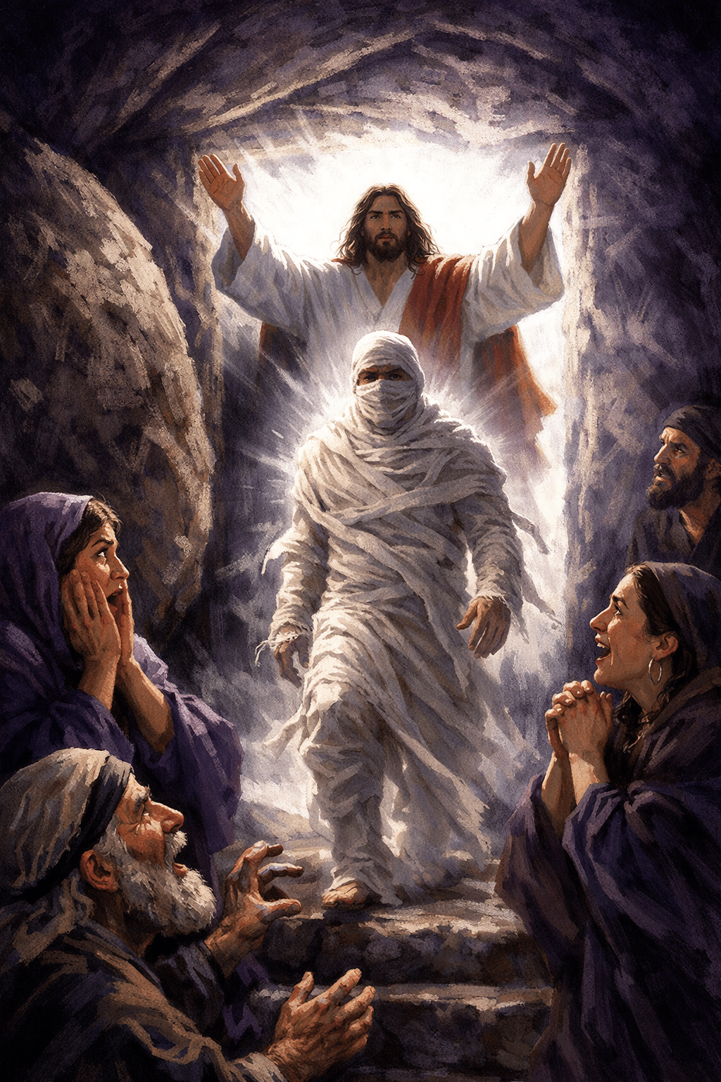 Portrait/Pinterest format () powerful illustration of Lazarus emerging from a dark stone tomb wrapped in burial linens,