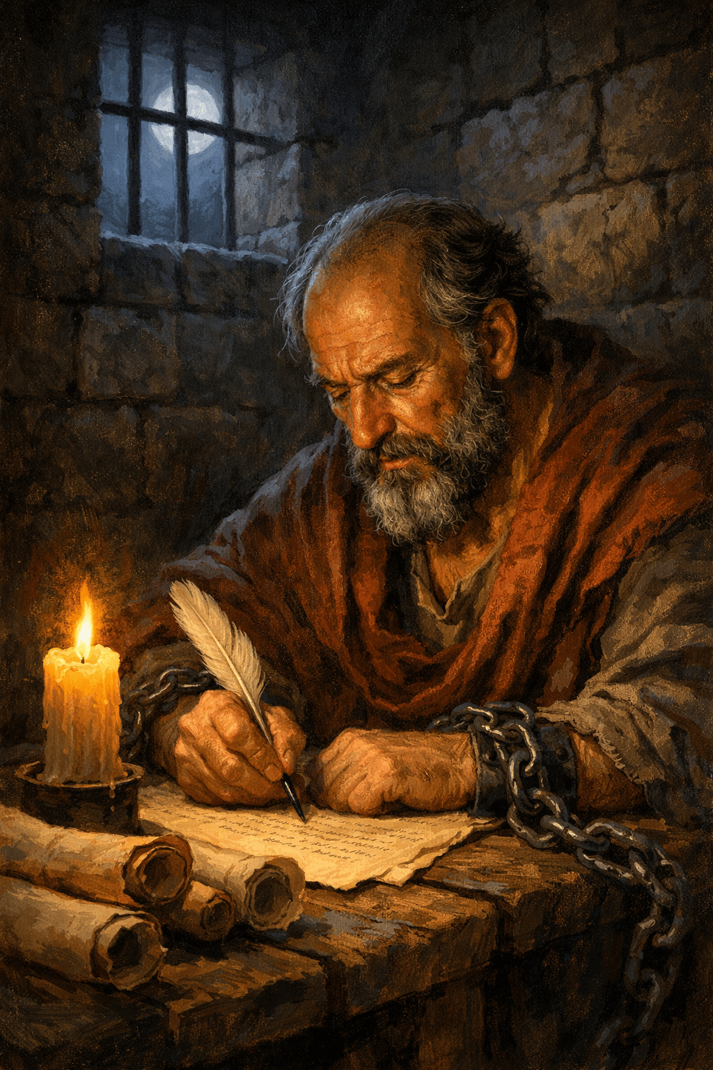 Portrait/Pinterest format () powerful editorial illustration showing the Apostle Paul writing by candlelight inside a dark