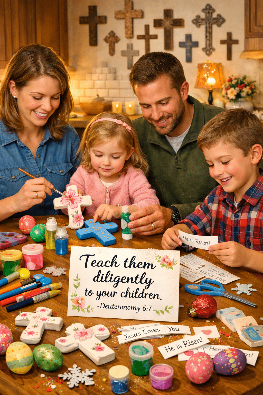 Portrait/Pinterest format () editorial image of a Christian family gathered around a kitchen table doing a seasonal faith