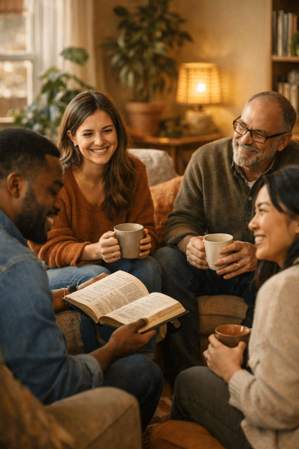 Portrait/Pinterest format () warm lifestyle photograph of a diverse small group of people sitting in a cozy living room