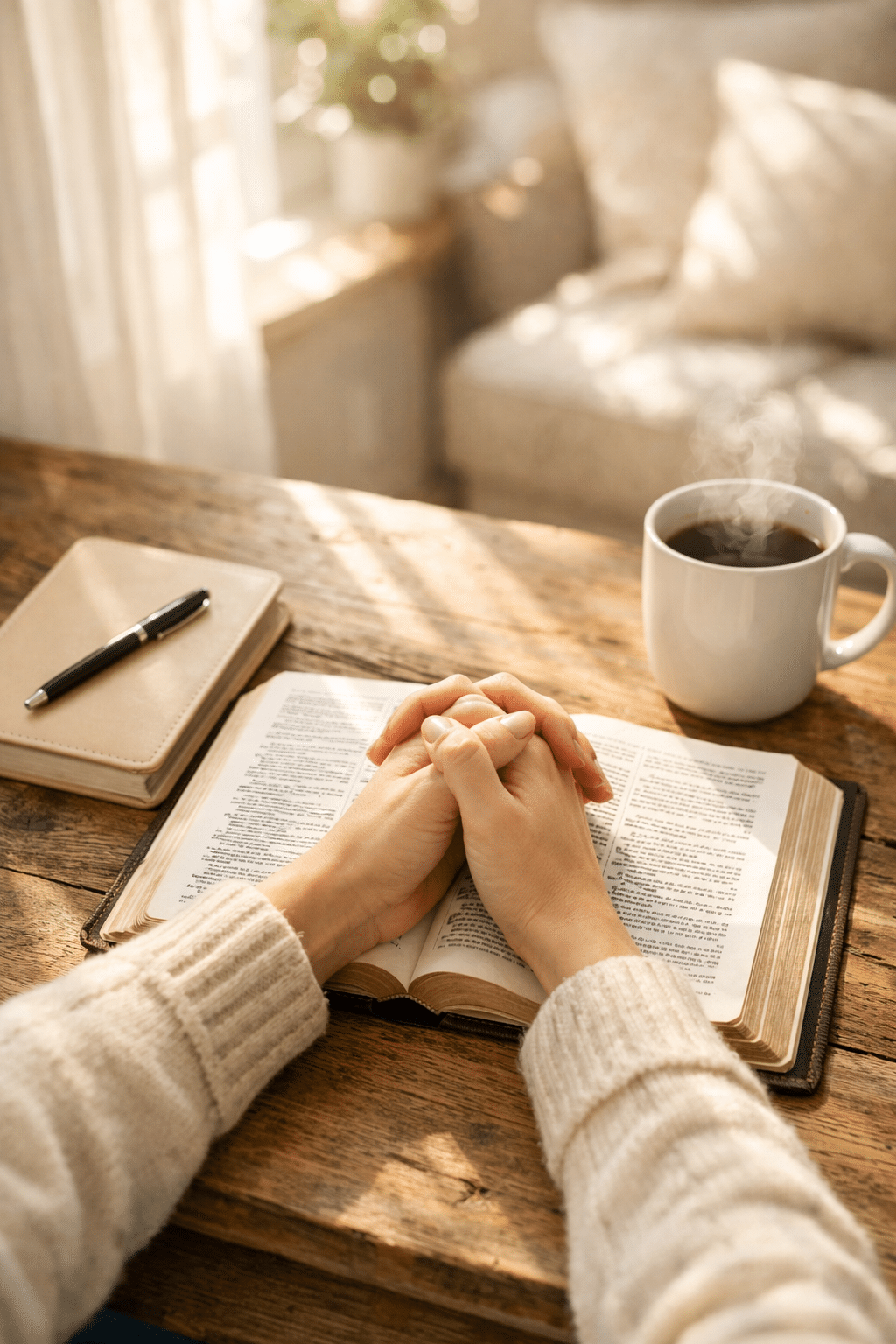Portrait/Pinterest format () modern devotional lifestyle scene of an open Bible on a rustic wooden table with morning