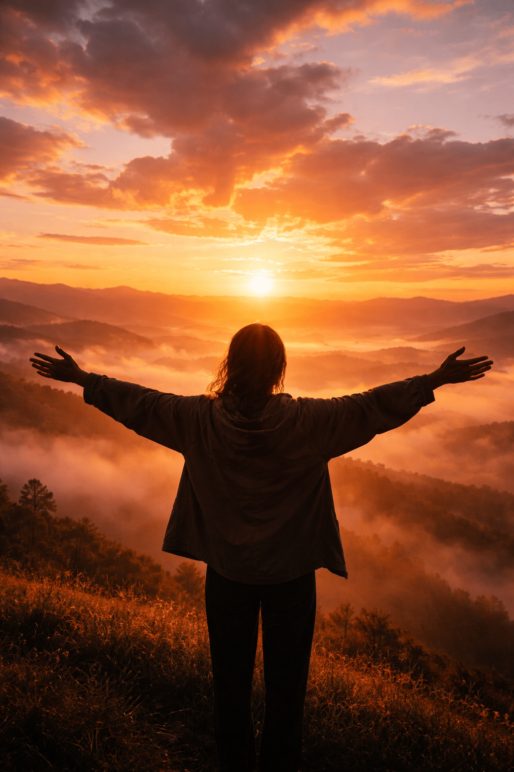 Portrait/Pinterest format () serene editorial image of a single person standing outdoors at sunrise on a hilltop with arms