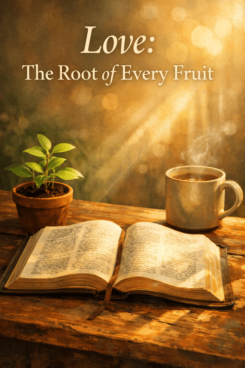 Portrait Pinterest format () editorial illustration showing an open Bible on a wooden table with morning light streaming