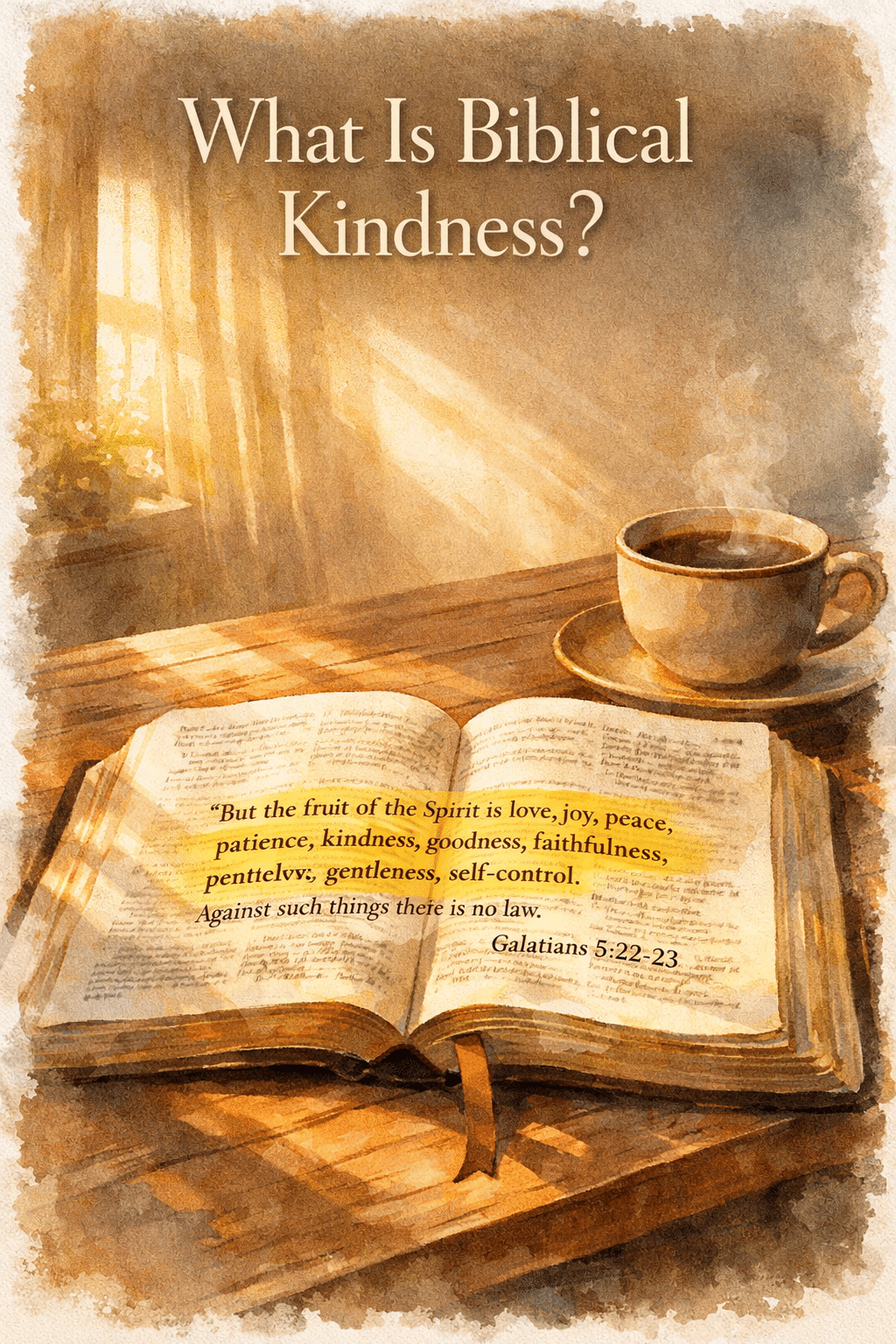 Portrait/Pinterest format () editorial illustration showing an open Bible resting on a wooden table with Galatians 5:22-23
