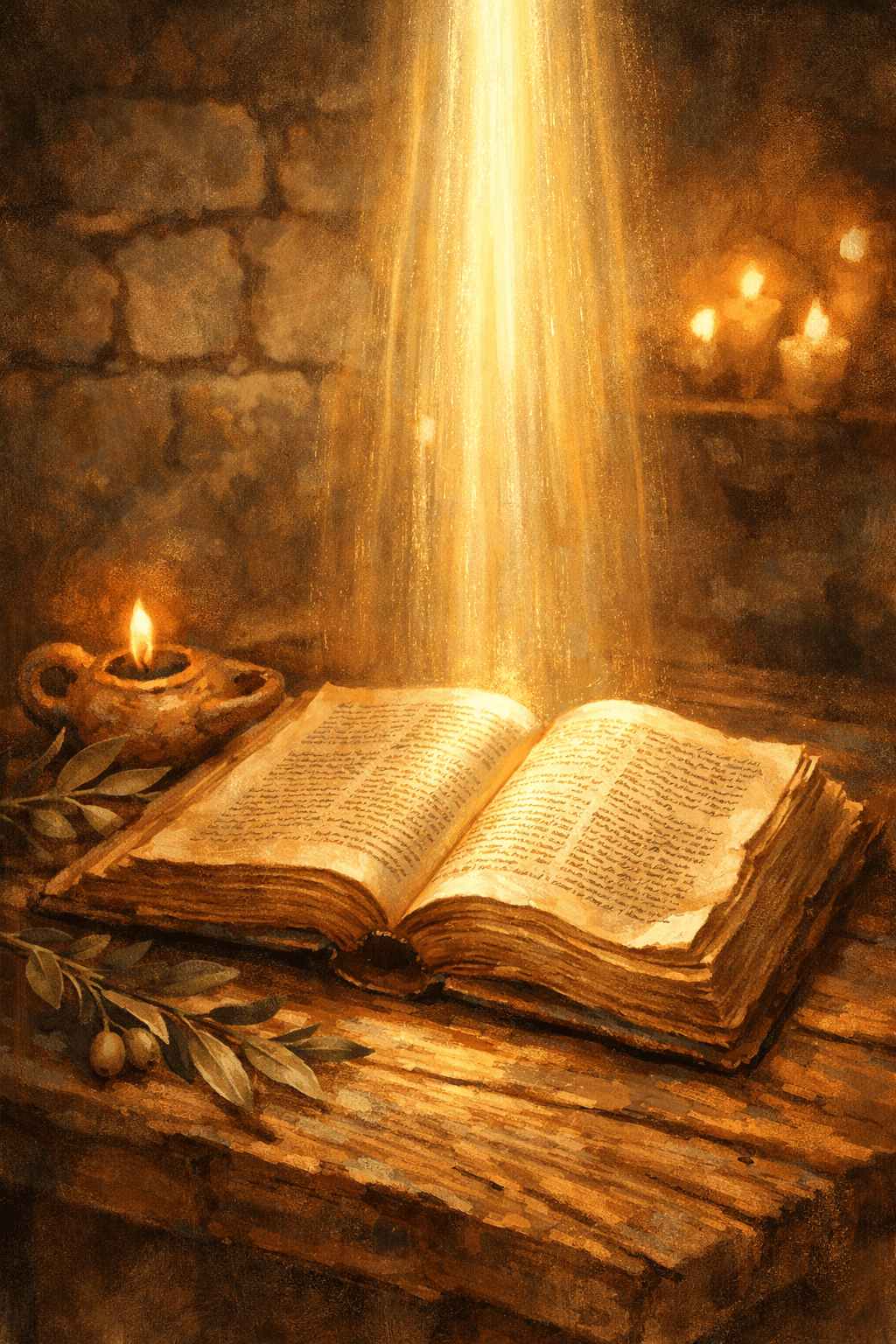 Portrait/Pinterest format () editorial illustration showing an open ancient Bible on a rustic wooden table with warm