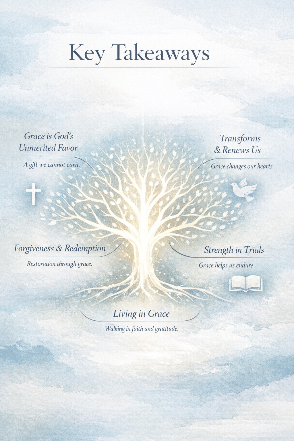 Key Takeaways section infographic: Elegant minimalist design featuring soft watercolor background in muted blues and whites.