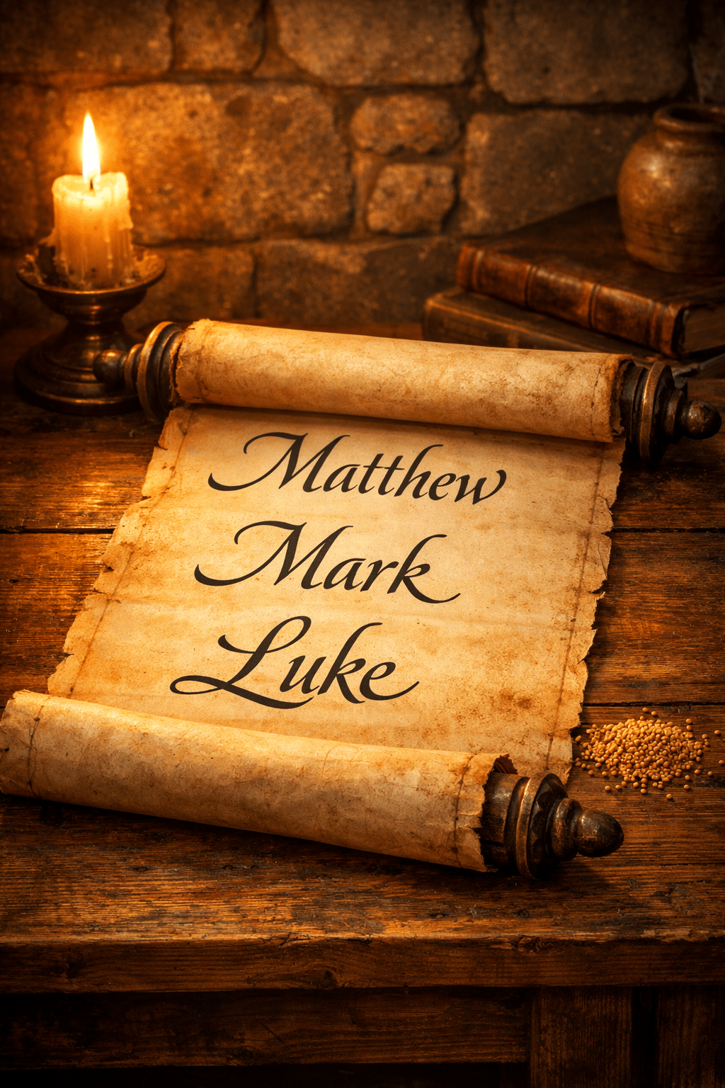 () editorial illustration showing an ancient scroll unfurled on a wooden table with the three Gospel references Matthew Mark