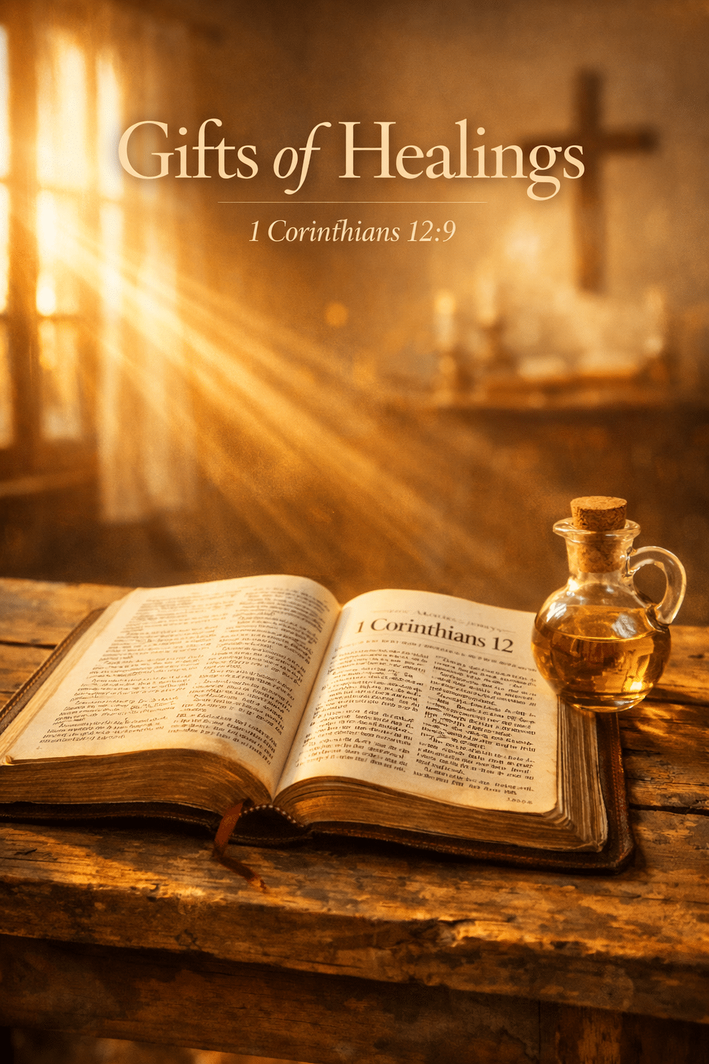 Portrait/Pinterest format () editorial image showing an open Bible on a rustic wooden table with 1 Corinthians 12 visible, a
