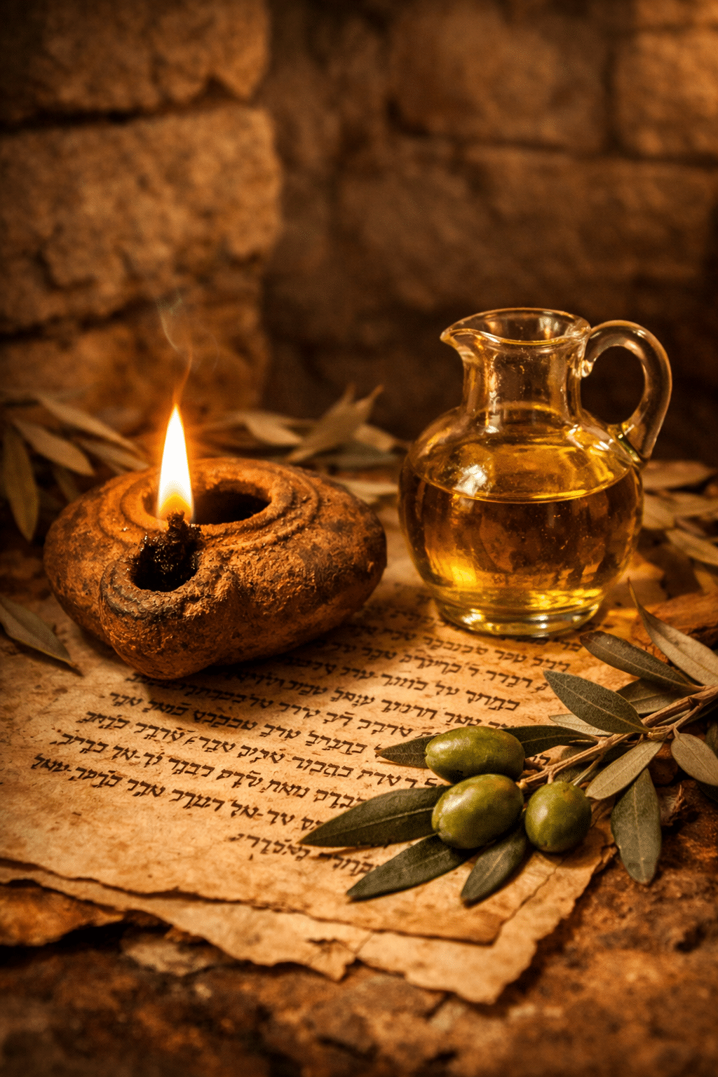 () editorial image showing an ancient clay oil lamp and a small glass vessel of golden olive oil placed on weathered