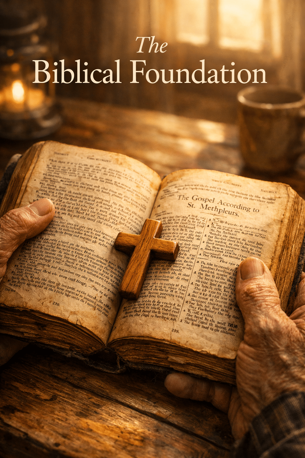 Portrait Pinterest format () editorial illustration showing a close-up of weathered hands holding open an ancient Bible to
