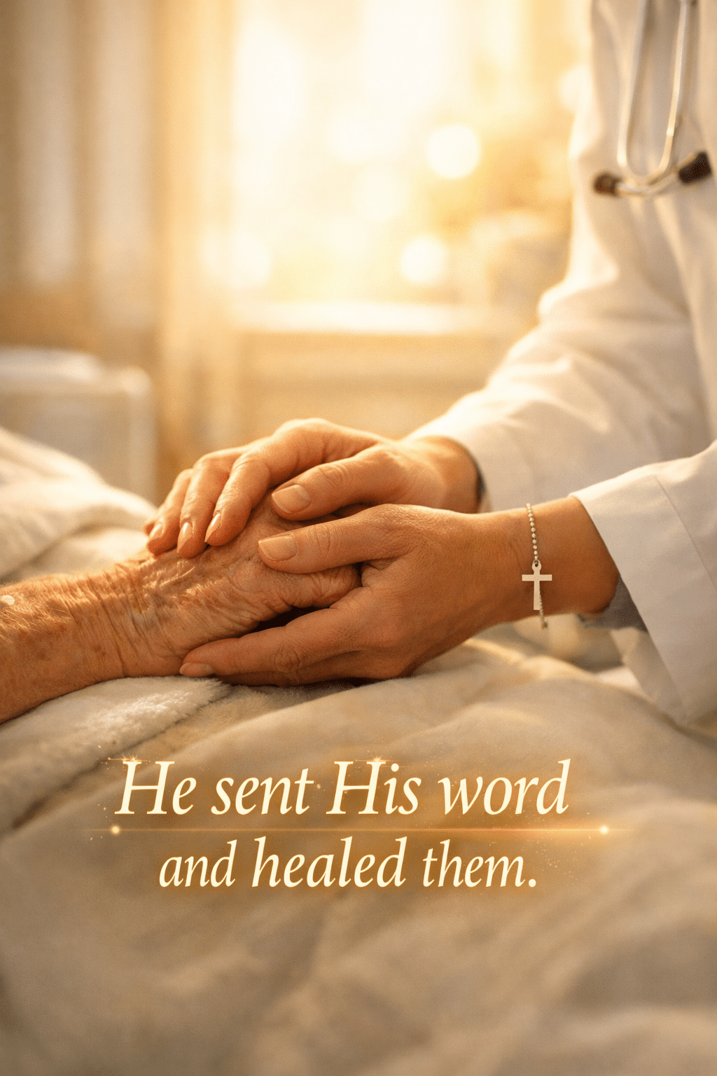 () editorial image showing a close-up of a doctor's hands gently holding an elderly patient's hands in a sunlit hospital