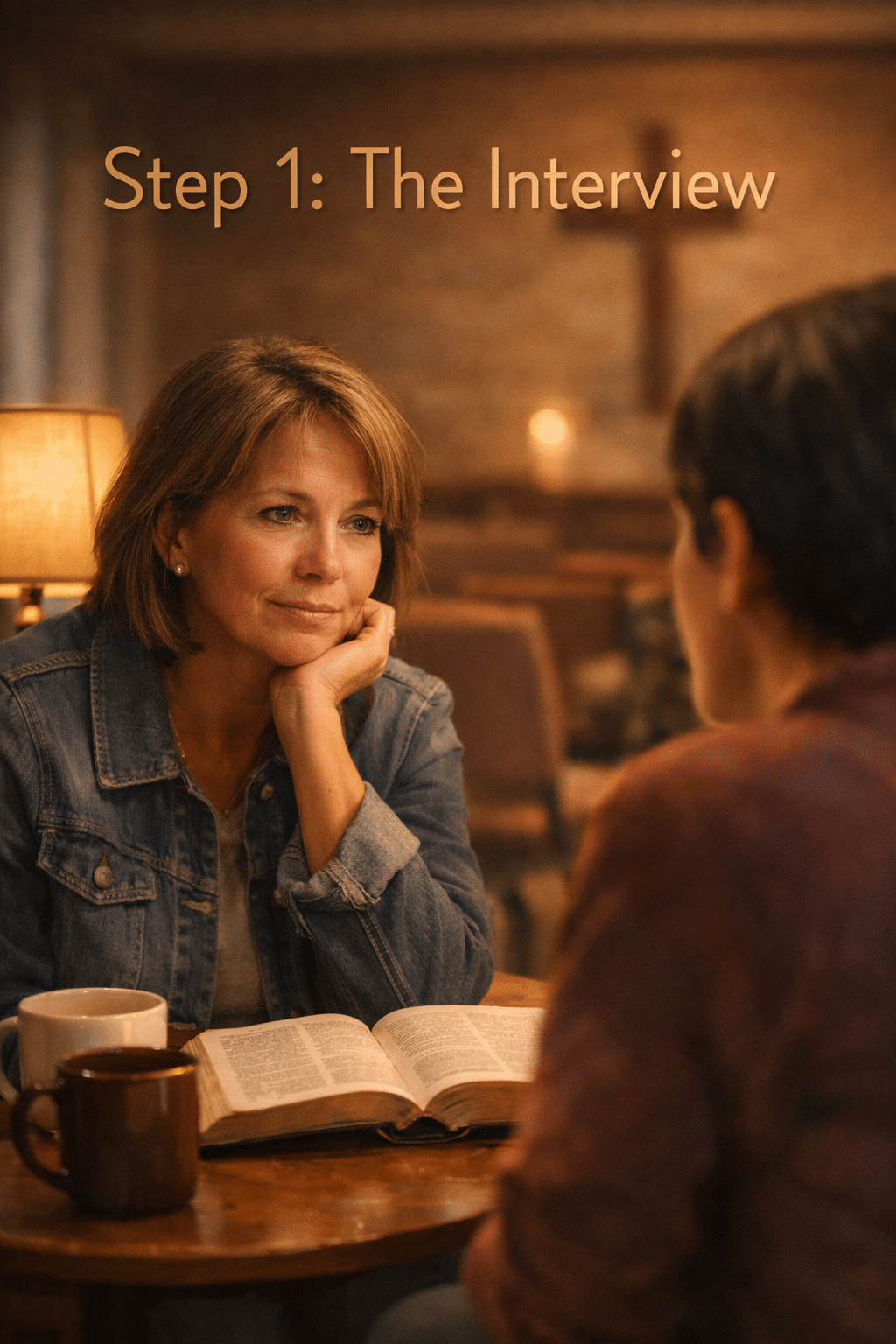 () image showing a close-up of two people sitting face to face in a cozy church fellowship hall, one person listening