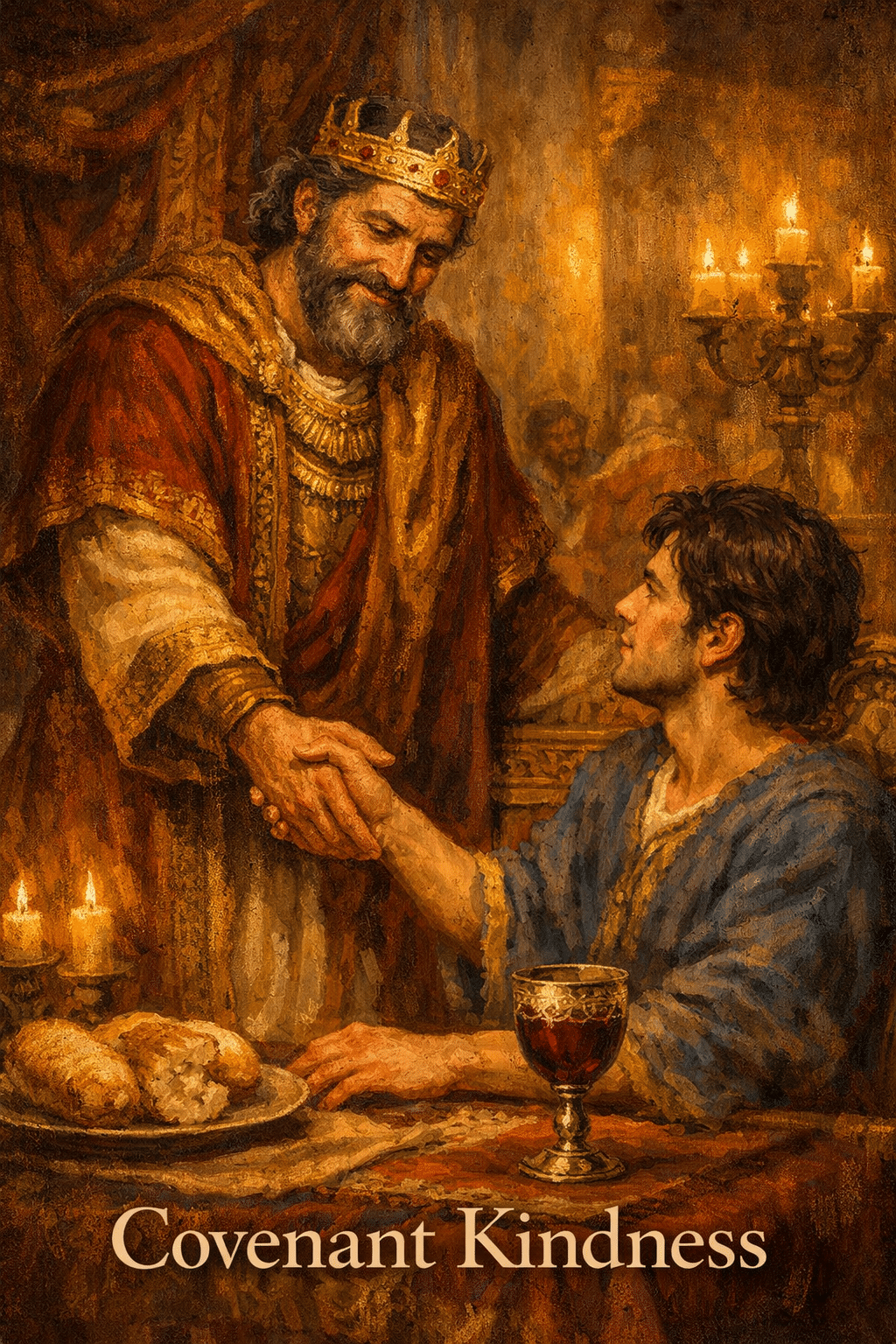 () editorial illustration showing King David extending his hand to a seated young man at a royal banquet table, warm