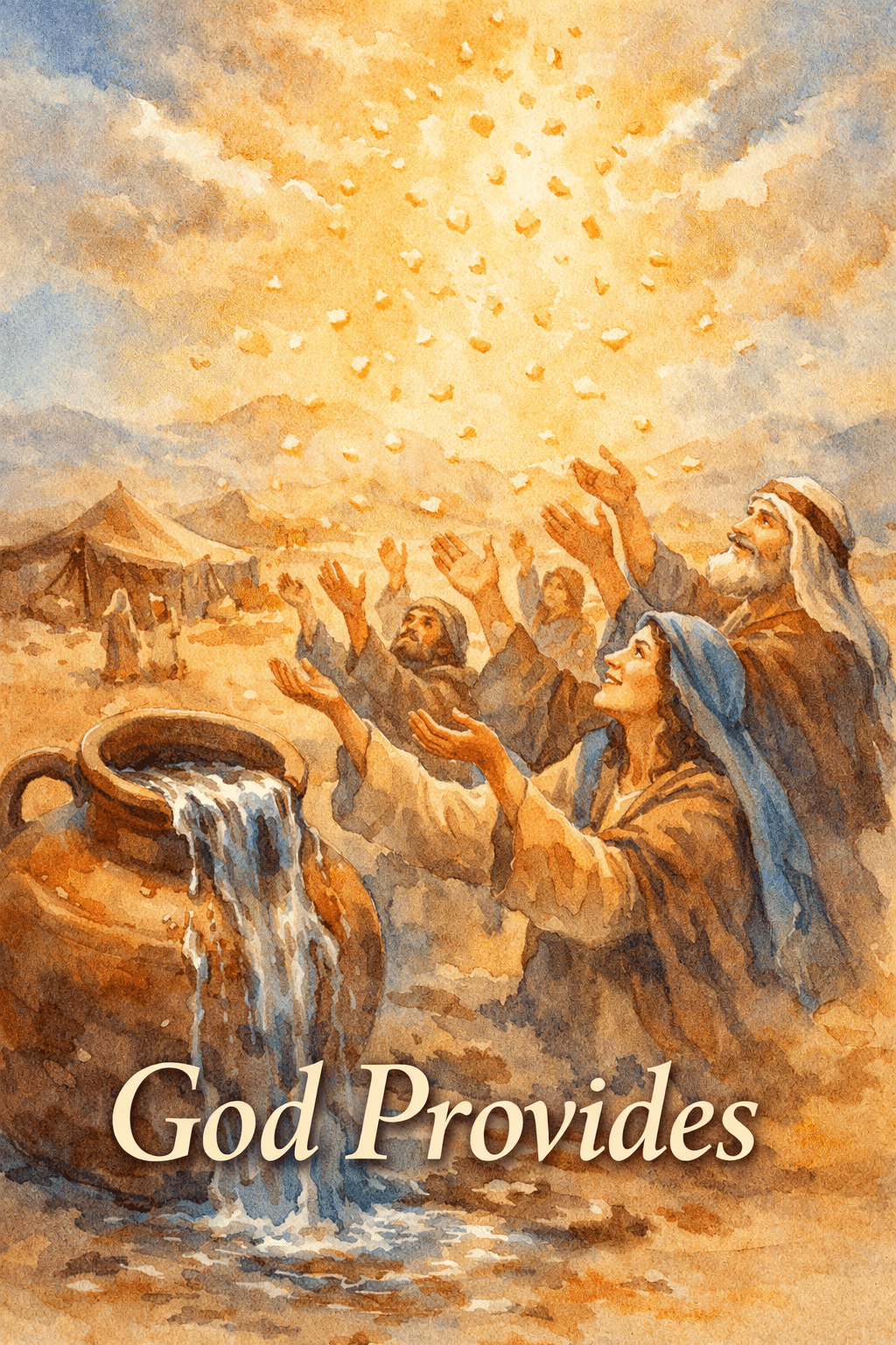 Portrait/Pinterest format () editorial illustration showing an ancient desert scene with manna falling like golden flakes