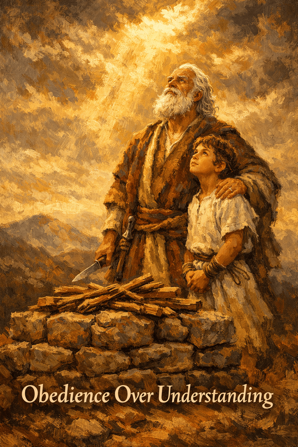 () editorial illustration showing Abraham standing on Mount Moriah with his young son Isaac beside him, looking upward