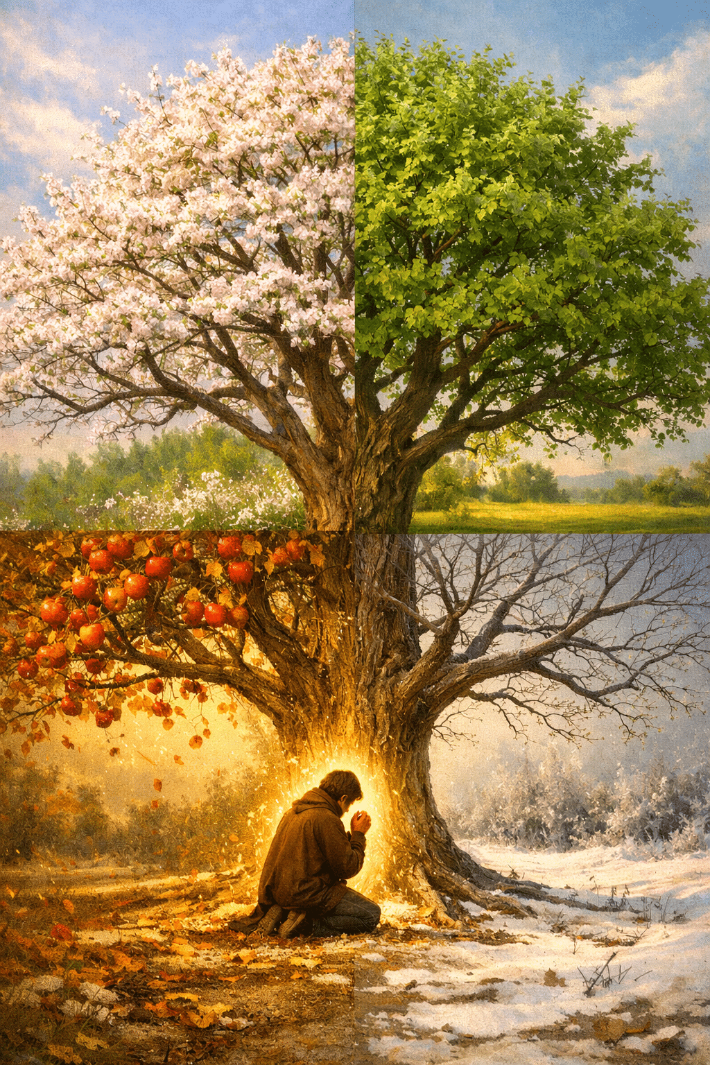 () conceptual photograph of a single fruit tree in four seasons shown in quadrants, representing spiritual growth over time.