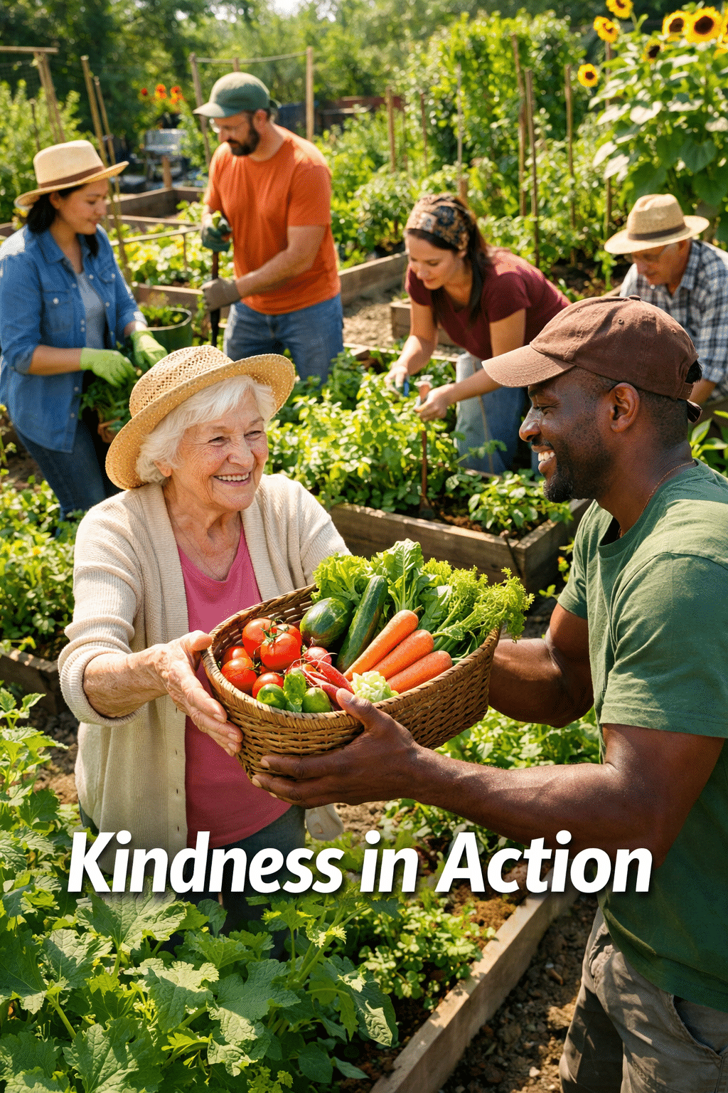 Portrait/Pinterest format () conceptual photograph of a diverse group of people in a community garden working together, one