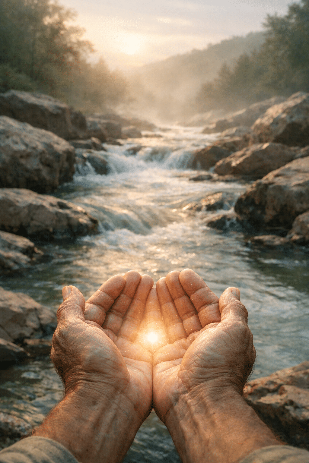What Is Spiritual Growth Through Grace section: Photorealistic waterscape showing a tranquil river flowing through rocky