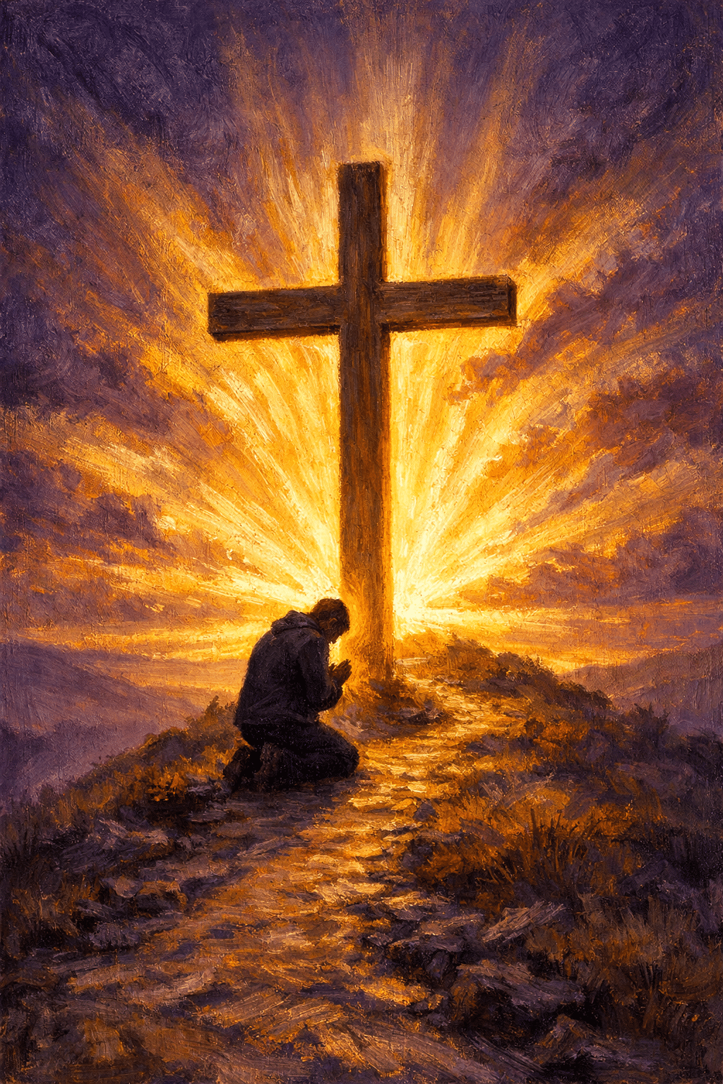 () conceptual illustration of a single person kneeling at the foot of a large wooden cross on a hillside at sunrise, with