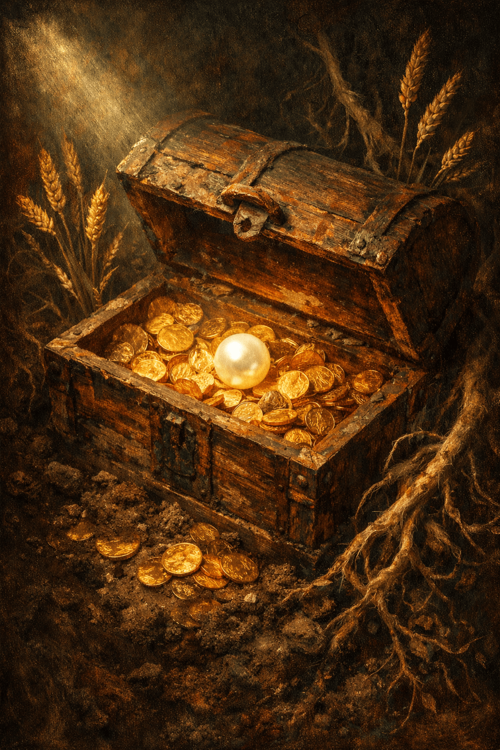Portrait/Pinterest format () dramatic close-up aerial view looking down into an open ancient wooden treasure chest