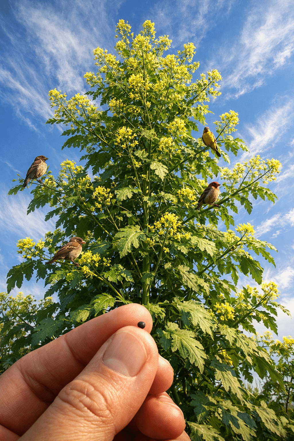 () dramatic nature photograph of a fully grown mustard plant towering approximately 10 feet tall with wide spreading