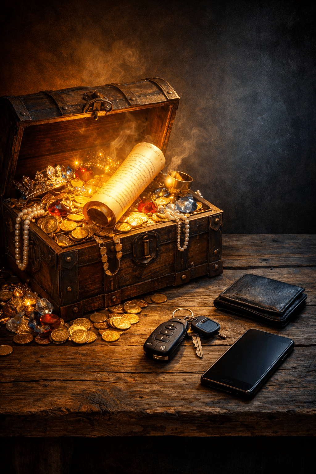 () conceptual still life showing an open ancient treasure chest overflowing with gold coins, jewels, and a glowing scroll,