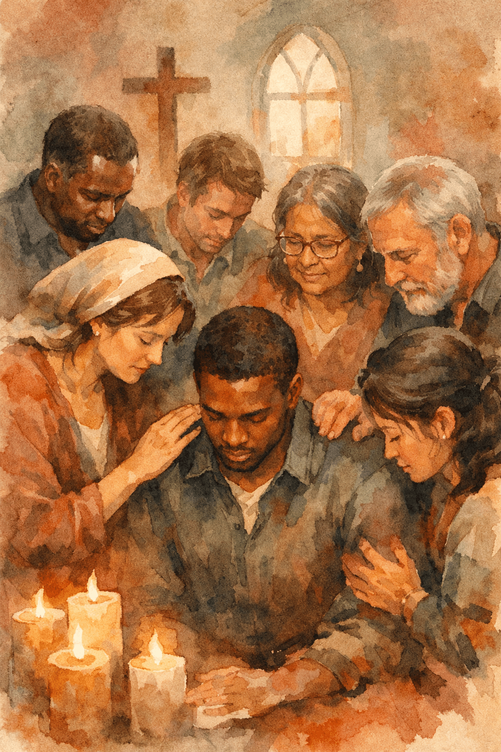Portrait/Pinterest format () conceptual illustration showing a diverse group of believers in a small church gathering, one