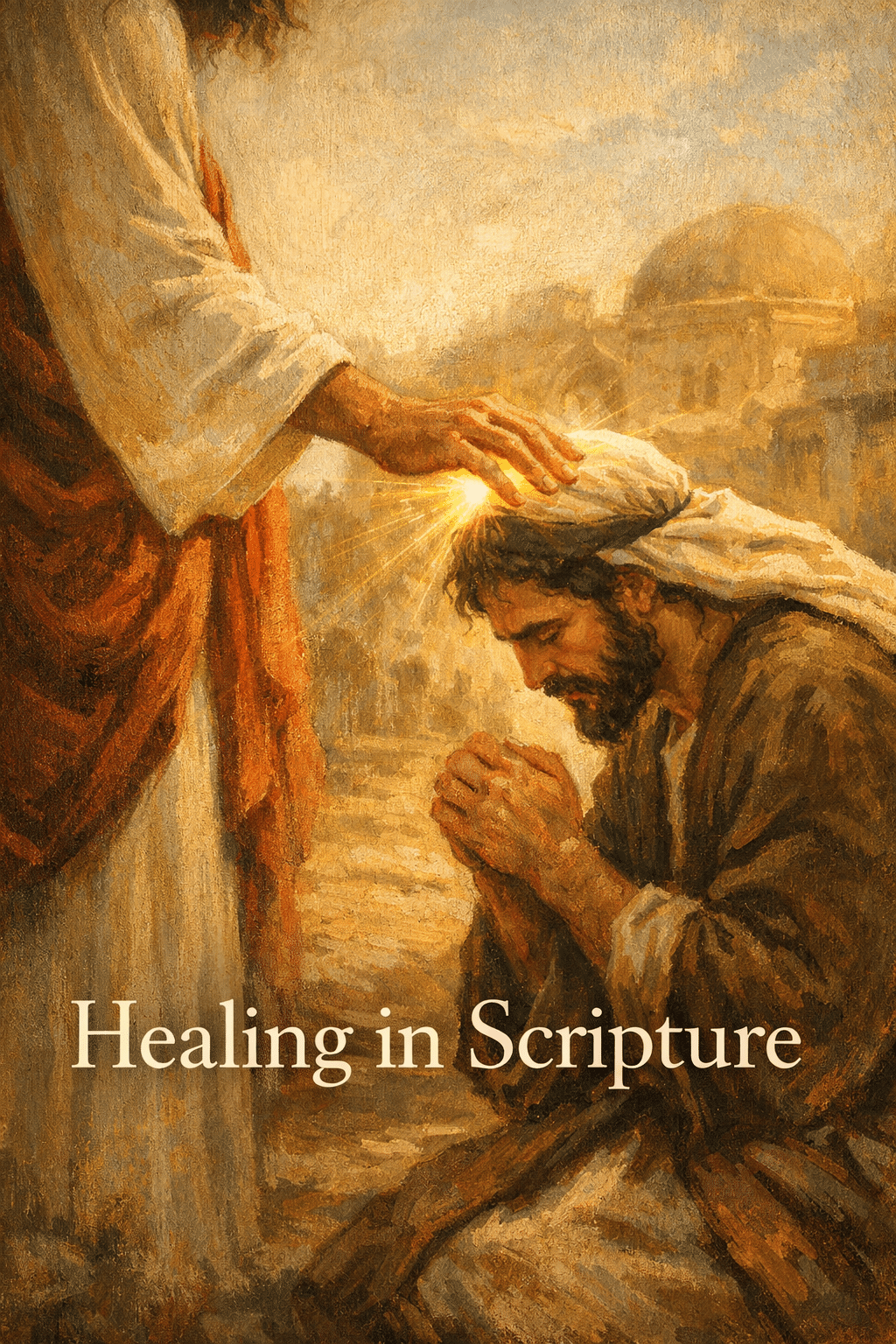 Portrait/Pinterest format () illustration-style editorial image depicting Jesus healing scene from a side angle, showing