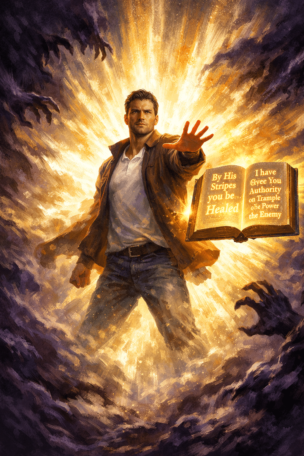 Portrait Pinterest format () conceptual illustration depicting a believer standing confidently with one hand extended