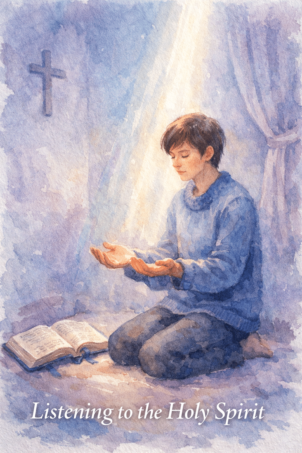 () image depicting a person kneeling alone in a quiet prayer closet with eyes closed and hands open palms-up, a beam of soft